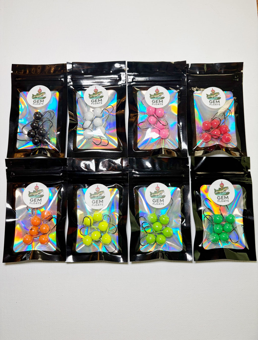 GEM Jigs 1/8 oz in 8 different colors, each packaged in its retail bag - GEM Floats.