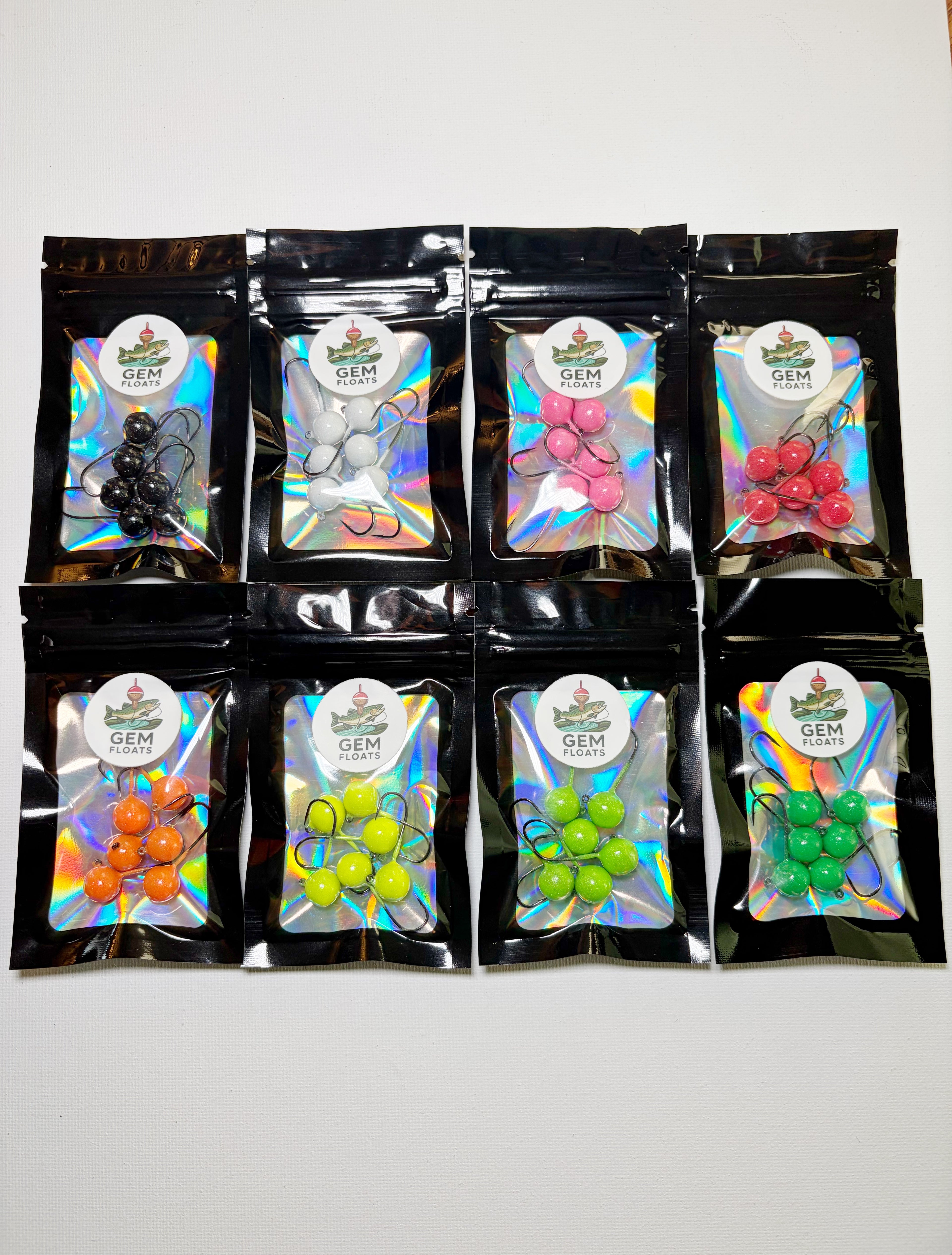 GEM Jigs 1/8 oz in 8 different colors, each packaged in its retail bag - GEM Floats.